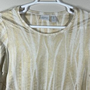 Zenergy by Chicos Gold Metallic Abstract Zebra 3/4 Sleeve Top Size 2 Large
